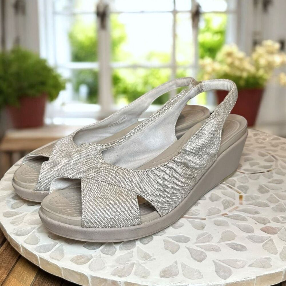Crocs Leigh-Ann Shimmer Slingback Wedge Sandals Beige Metallic Comfort Women’s S